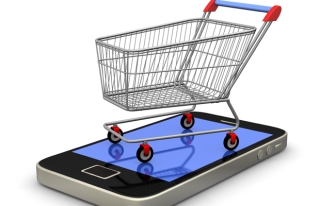 Smartphone with shopping cart on white background.